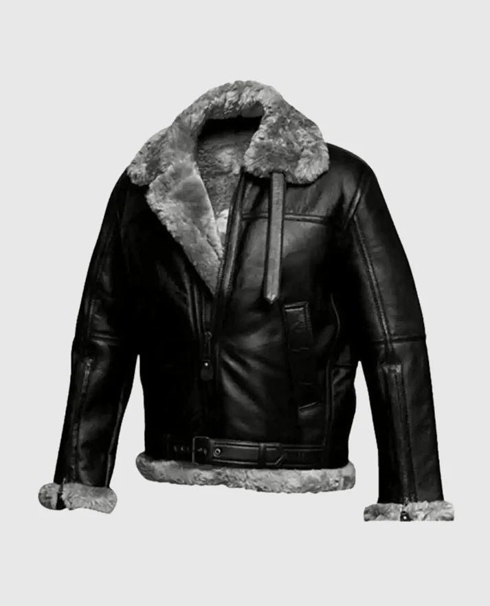 Men's Aviator Flying Pilot FUR Bomber Black Jacket