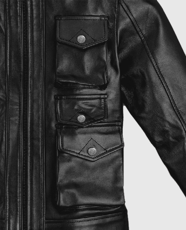 Women's Black Leather Jacket With Multi-Pocket
