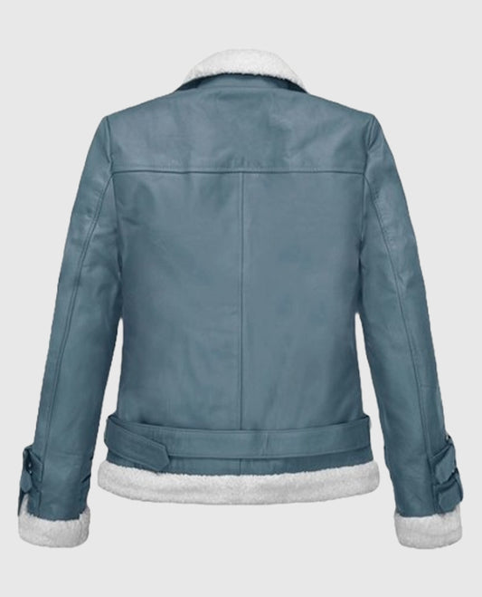 Rita Ora Bon Blue Shearling Biker Blue Leather Jacket