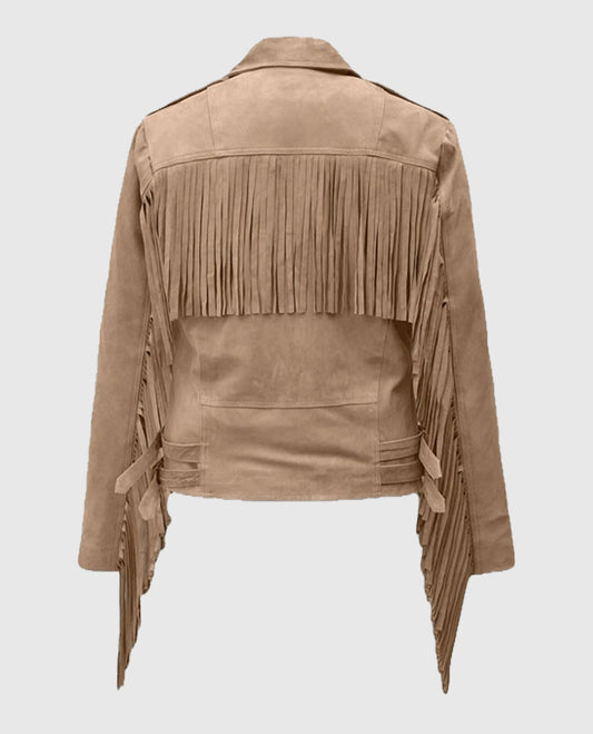 Womens Dusty Beige Suede Leather Fringes Jacket