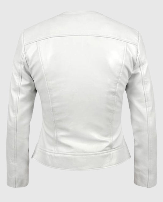 Women's Round Neck White Biker White Leather Jacket