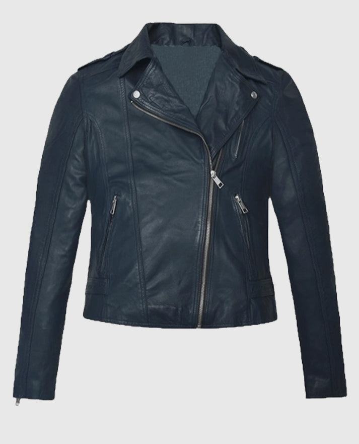 Women’s Blue Washed & Wax Biker Leather Jacket