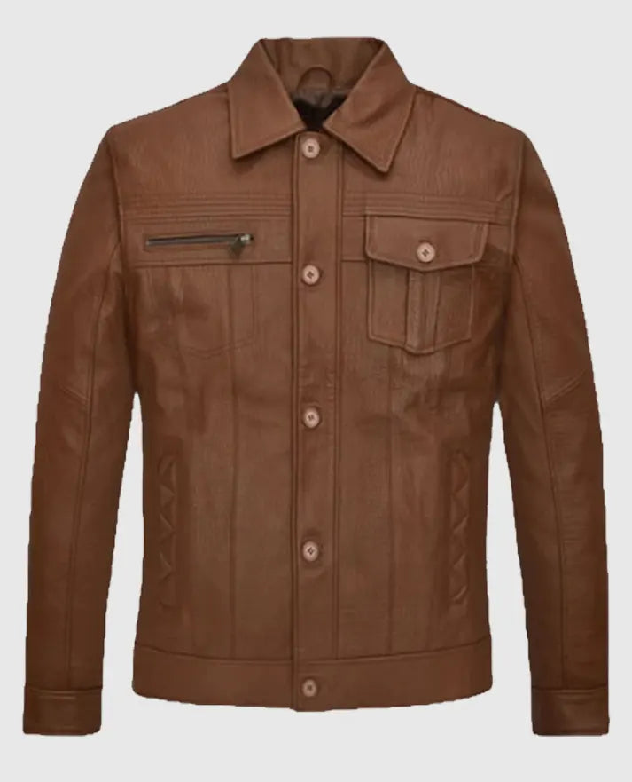 Men’s Brown Leather Trucker Jacket
