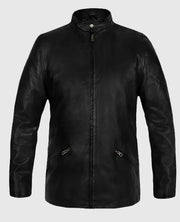 Clean Street Sharp in the Slim Fit Black Leather Jacket This slim fit black leather jacket keeps it simple, strong, and made to move. Designed with a clean look from top to bottom, it features a smooth zipper closure, a fitted stand-up collar, and angled zip pockets at the sides for that modern edge. The narrow cut hugs just right without feeling tight, and the finish on the black sheepskin leather brings a soft shine that works day or night. Men's Slim Fit Black Leather Jacket