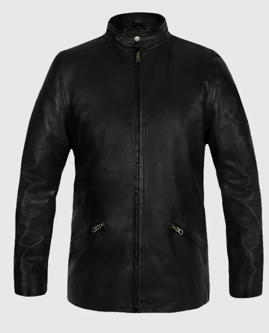 Clean Street Sharp in the Slim Fit Black Leather Jacket This slim fit black leather jacket keeps it simple, strong, and made to move. Designed with a clean look from top to bottom, it features a smooth zipper closure, a fitted stand-up collar, and angled zip pockets at the sides for that modern edge. The narrow cut hugs just right without feeling tight, and the finish on the black sheepskin leather brings a soft shine that works day or night. Men's Slim Fit Black Leather Jacket