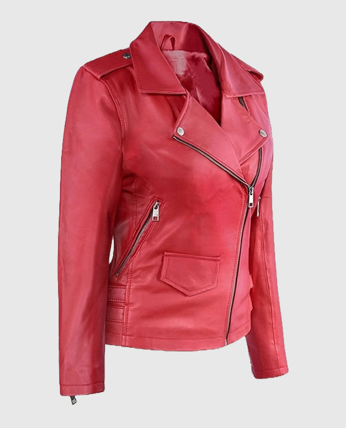 Soft Raspberry Red Leather Jacket for Women