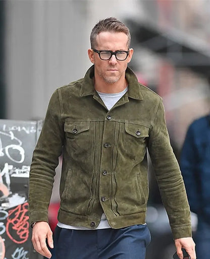 Ryan Reynold Green Suede Trucker Jacket