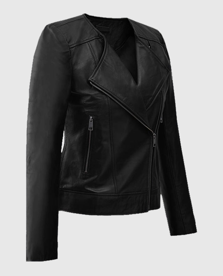 Women's Black Collarless Leather Biker Jacket