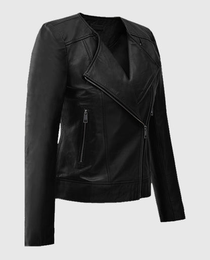 Women's Black Collarless Leather Biker Jacket