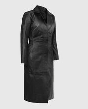 Black Selena Gomez Leather Long Coat