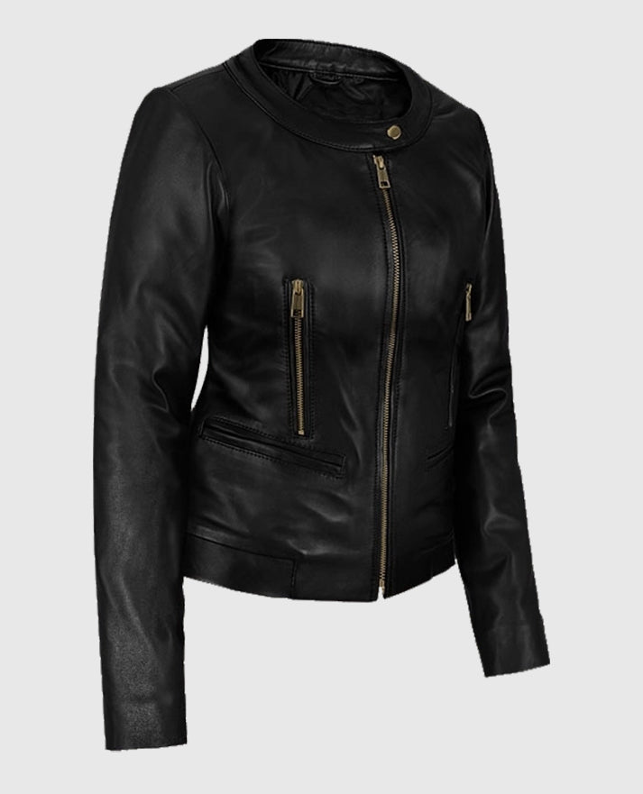 Women's Black Cafe Racer Leather Jacket