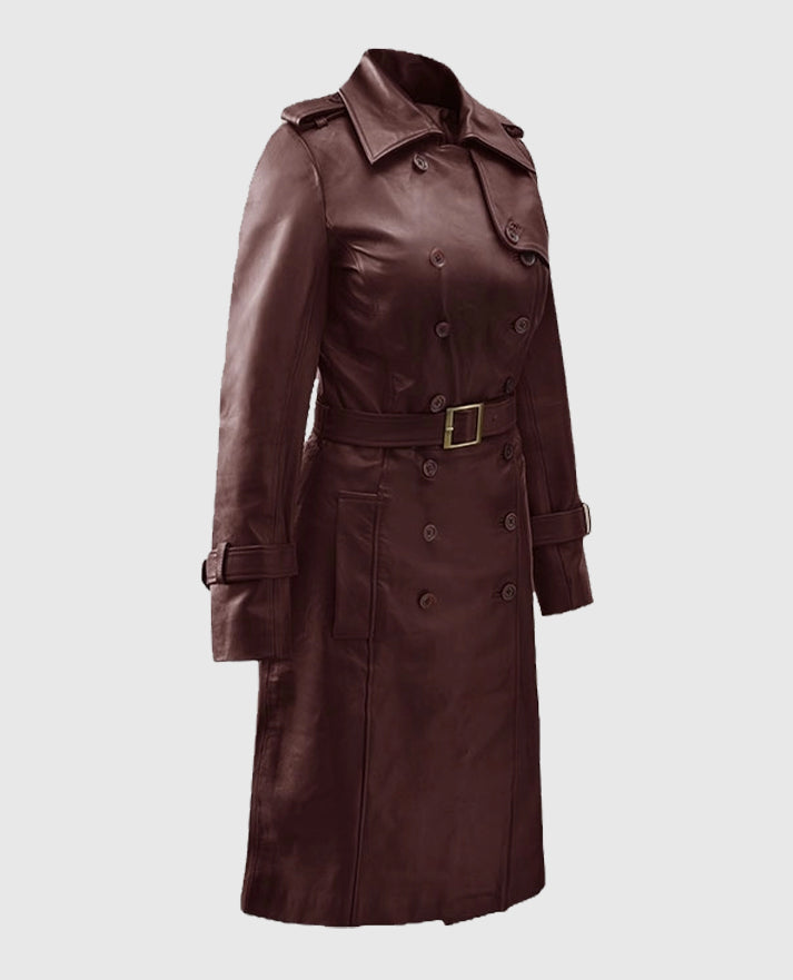 Women's Soft Maroon Leather Wax Halcon Trench Coat