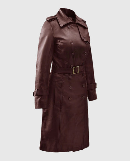 Women's Soft Maroon Leather Wax Halcon Trench Coat