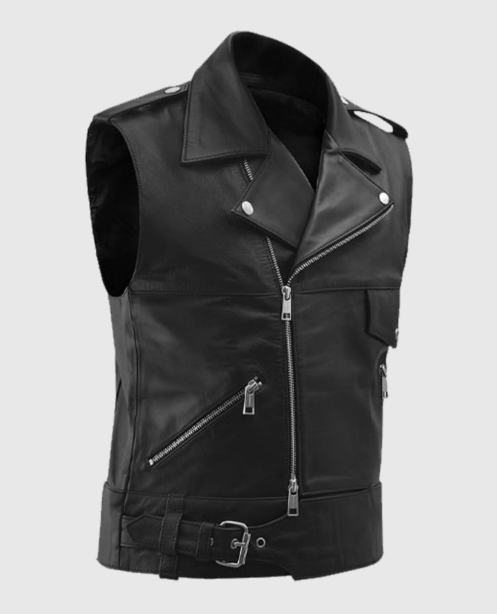 Men's Biker Leather Vest with Buckled Strap