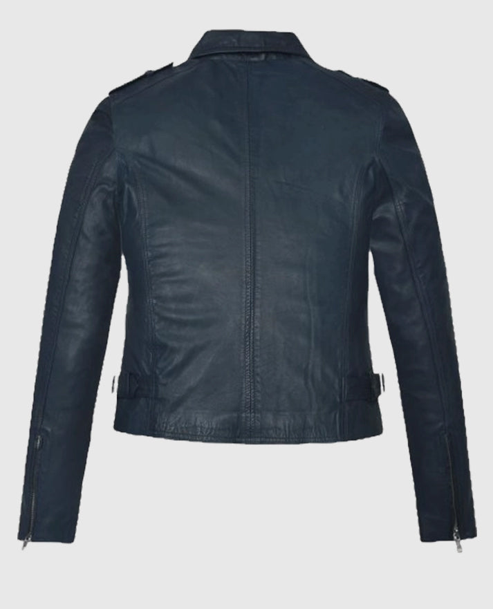 Women's Blue Washed & Wax Biker Leather Jacket