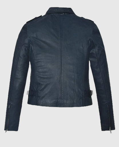 Women's Blue Washed & Wax Biker Leather Jacket