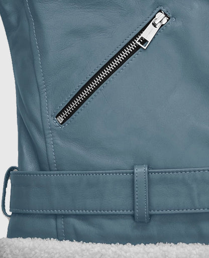 Rita Ora Bon Blue Shearling Biker Leather Jacket