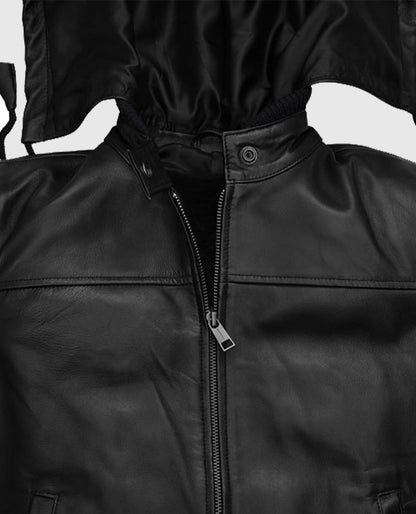 Women's Symphony Black Detachable Hood Leather Jacket
