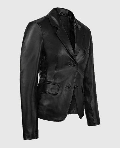 Women's 2 Button Black Leather Blazer