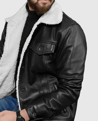 Men's Black Leather Sherpa Style Jacket