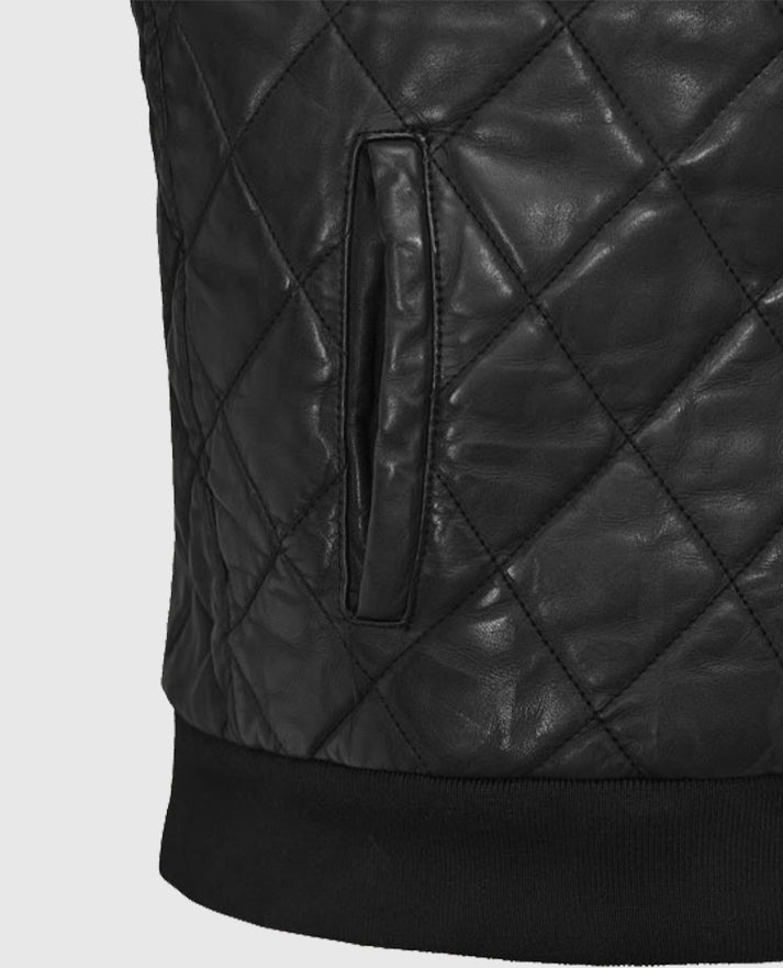 Men's Black Quilted Hooded Leather Vest