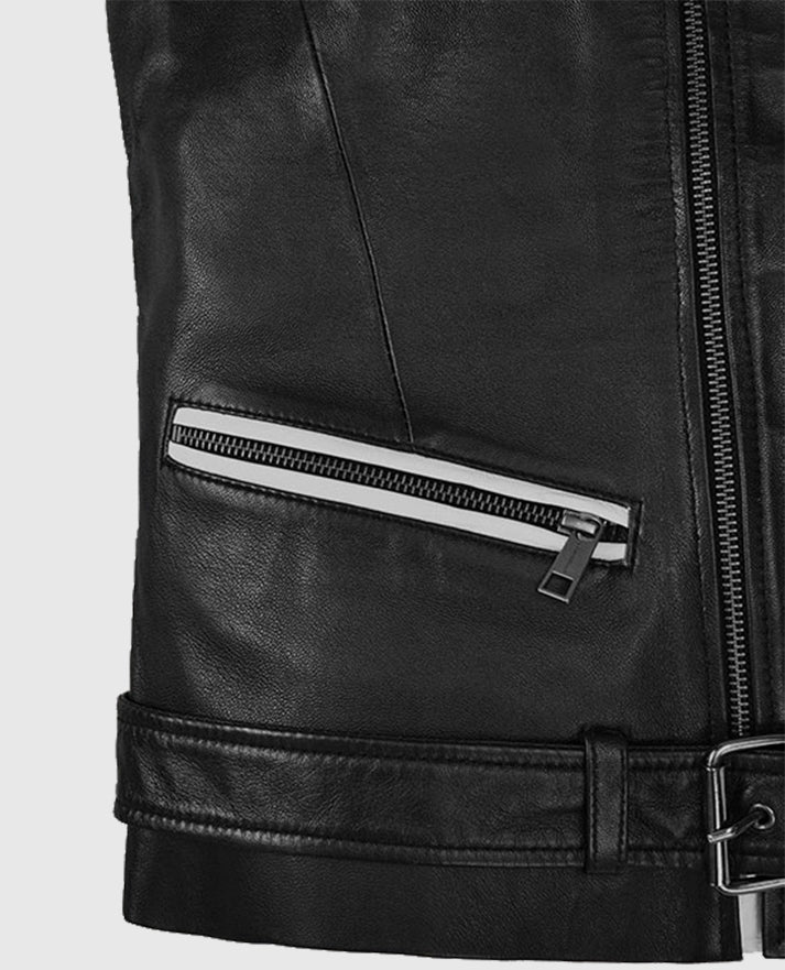 Men's Black Belted Biker Vest with White Highlights