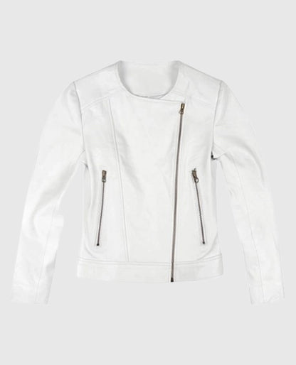 Women's Round Neck White Biker Leather Jacket
