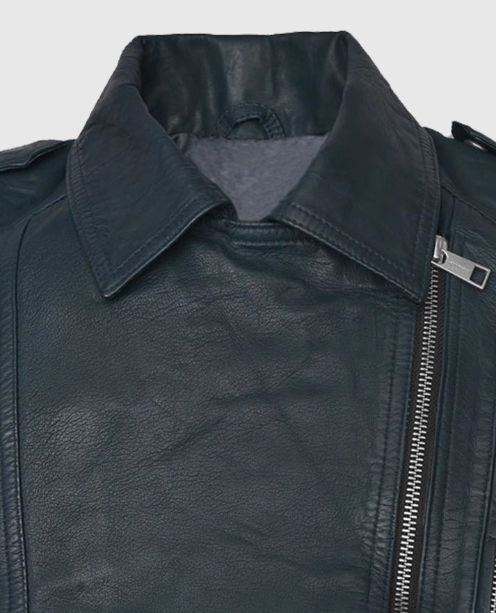 Women's Blue Washed & Wax Biker Leather Jacket