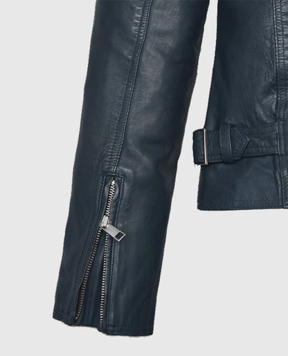 Women's Blue Washed & Wax Biker Leather Jacket