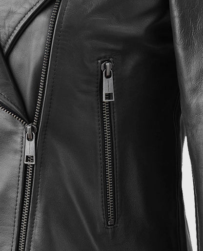Women's Black Collarless Leather Biker Jacket