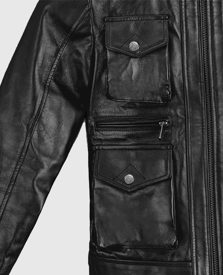 Women's Black Leather Jacket With Multi-Pocket