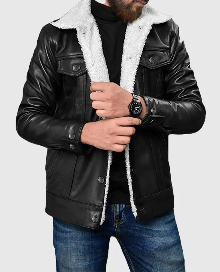 Men's Black Leather Sherpa Style Jacket