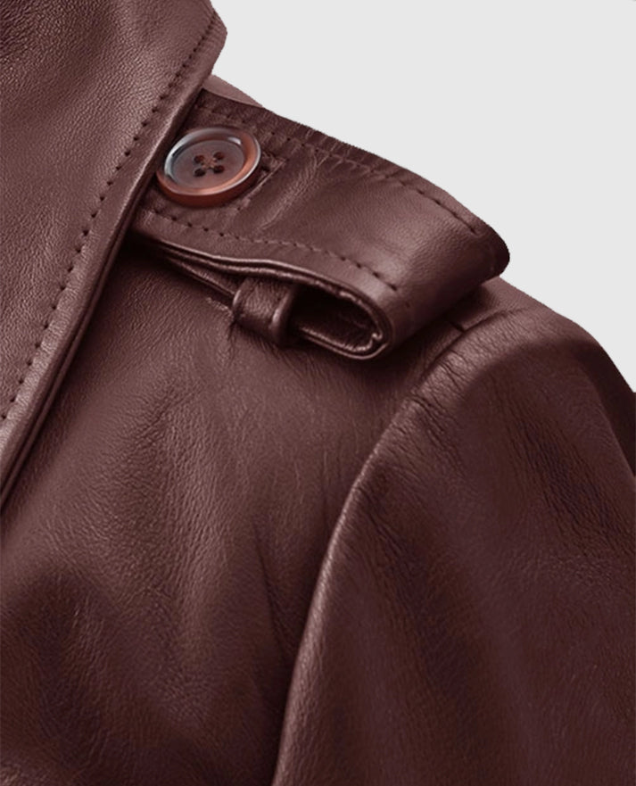 Women's Soft Maroon Leather Wax Halcon Trench Coat