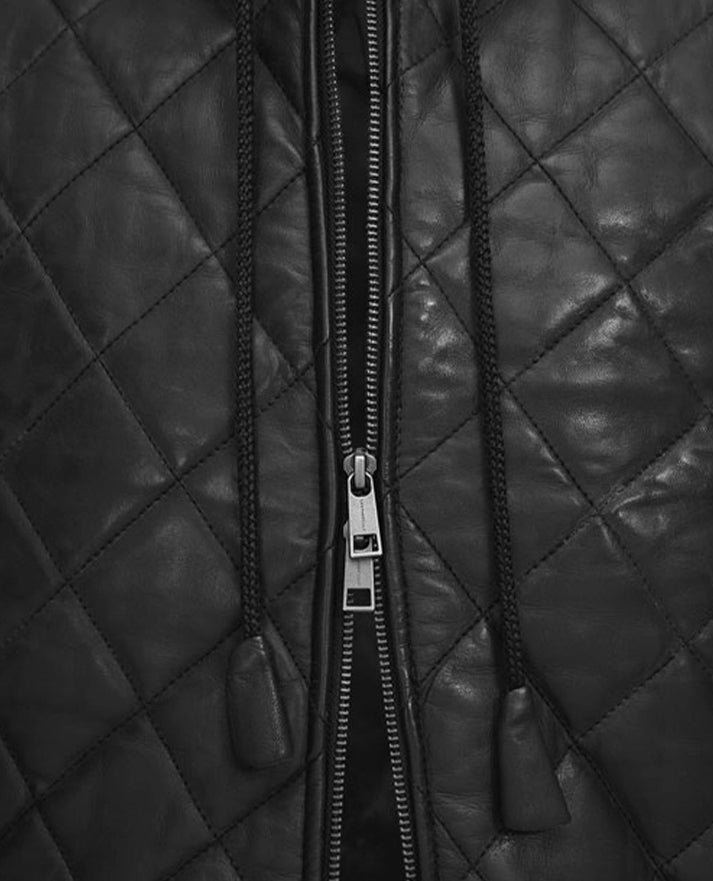 Men's Black Quilted Hooded Leather Vest