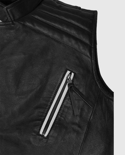 Men's Black Belted Biker Vest with White Highlights