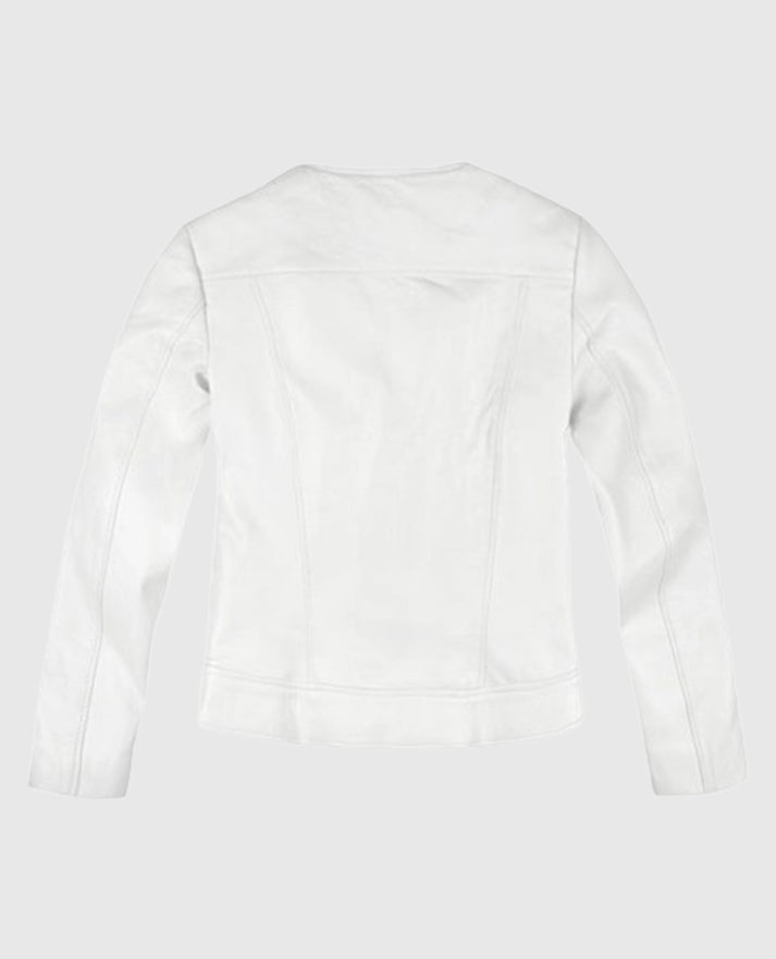 Women's Round Neck White Biker Leather Jacket