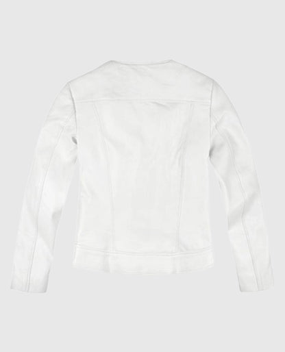 Women's Round Neck White Biker Leather Jacket