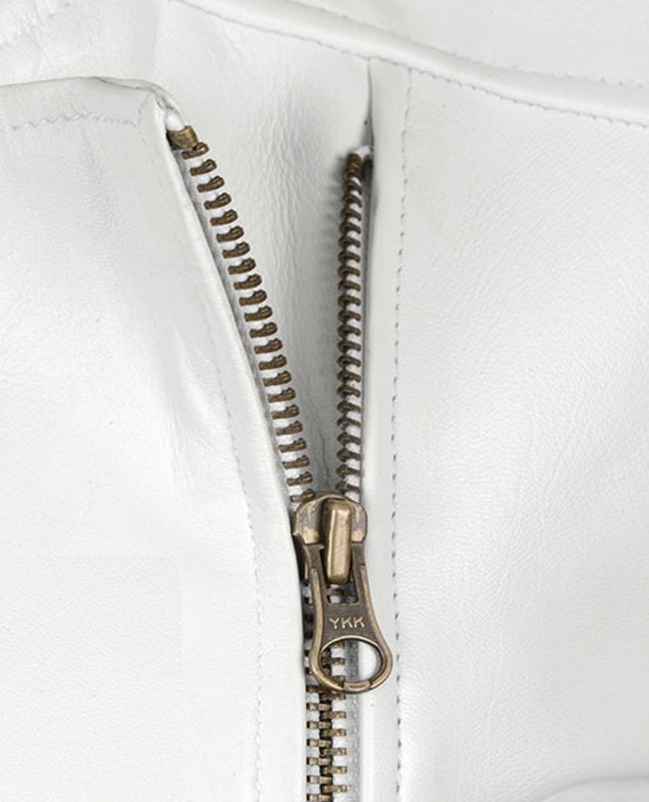 Women's Round Neck White Biker Leather Jacket