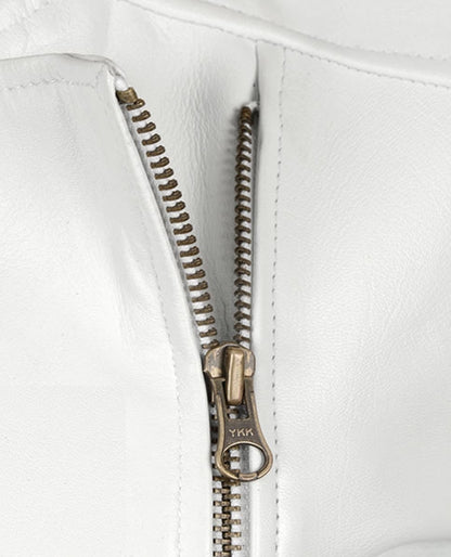 Women's Round Neck White Biker Leather Jacket