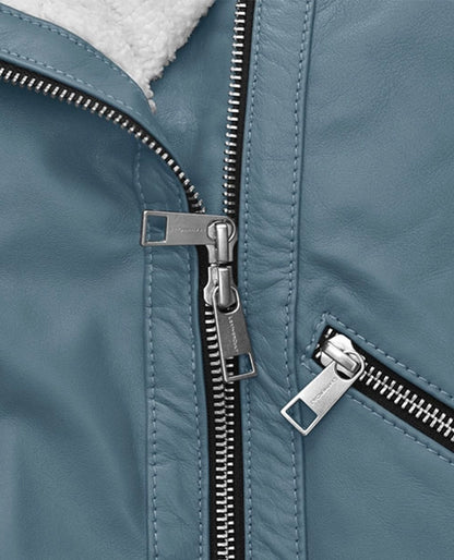 Rita Ora Bon Blue Shearling Biker Leather Jacket