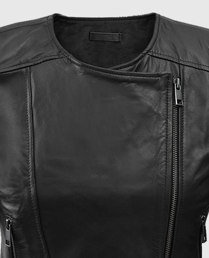 Women's Black Collarless Leather Biker Jacket