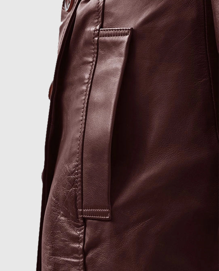 Women's Soft Maroon Leather Wax Halcon Trench Coat