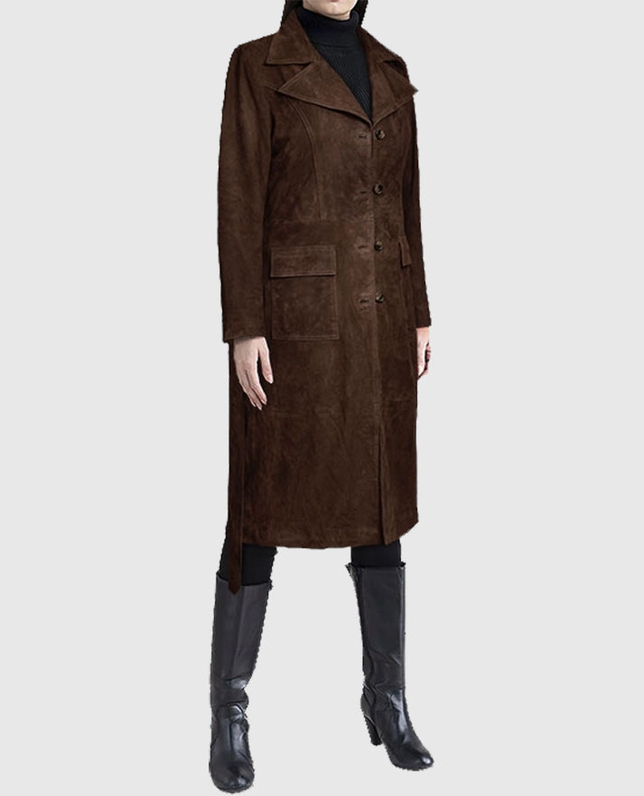 Women's Suede Dark Brown Alpine Leather Long Coat