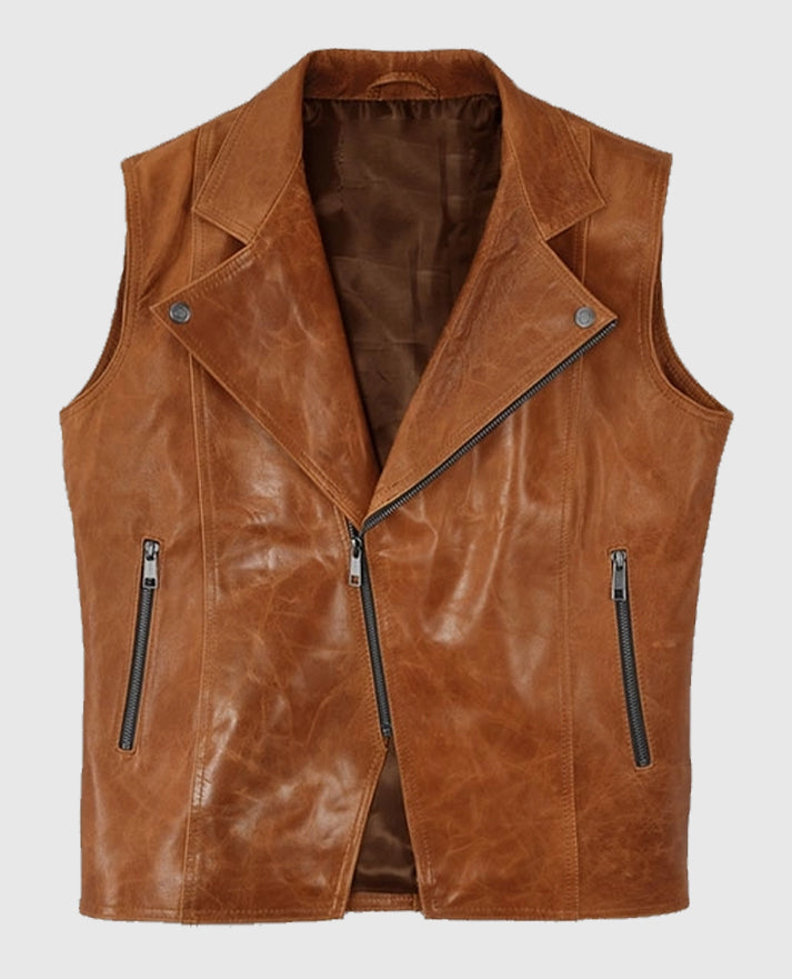 Men's Light Brown Leather Biker Vest