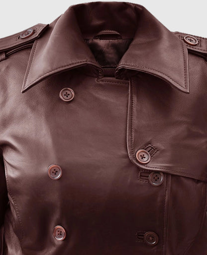 Women's Soft Maroon Leather Wax Halcon Trench Coat
