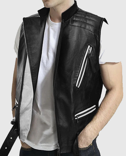 Men's Black Belted Biker Vest with White Highlights