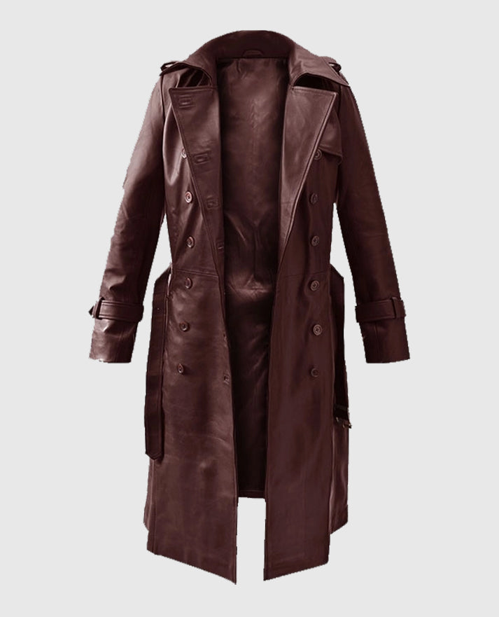 Women's Soft Maroon Leather Wax Halcon Trench Coat