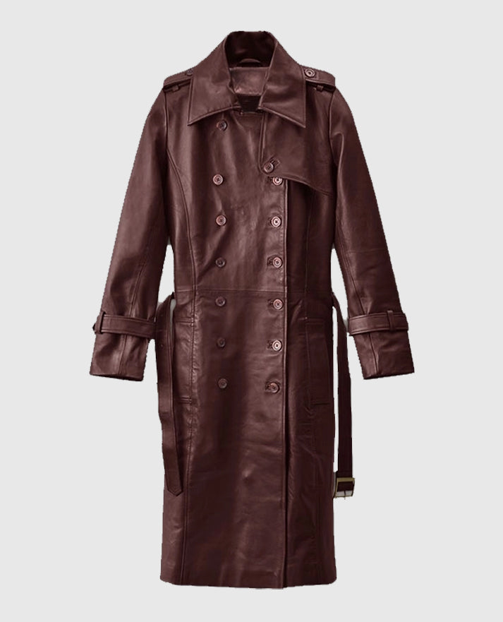Women's Soft Maroon Leather Wax Halcon Trench Coat