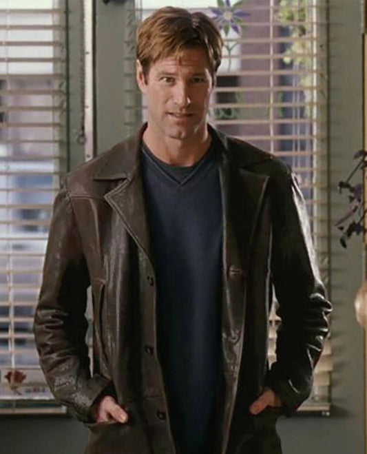 Aaron Eckhart Love Happens Leather Trench Brown Coat