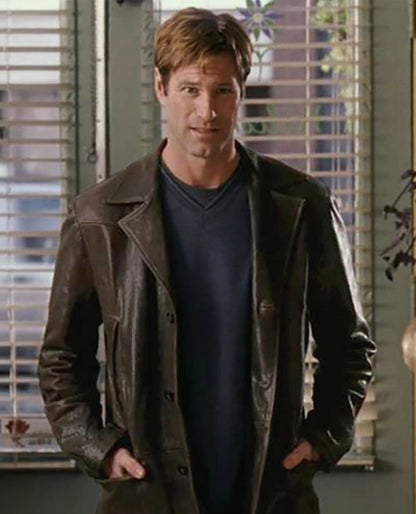 Aaron Eckhart Love Happens Leather Trench Brown Coat
